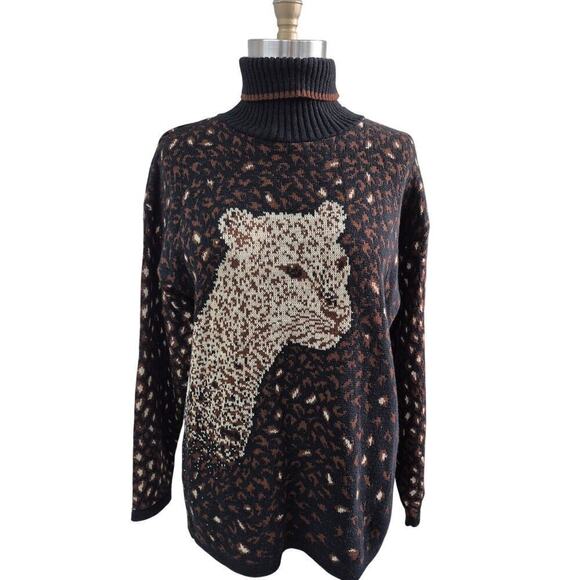 Vtg 90s Cheetah Sweater by Basic Editions XL Brown Turtleneck Sweater Cat Lady - Picture 1 of 4